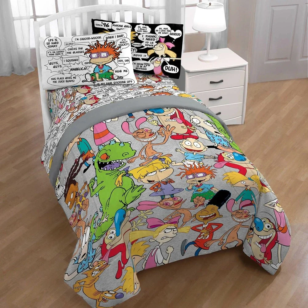 Nickelodeon Comforter Kids Twin Full Gray New 90s Party Rugrats Hey Arnold Plush
